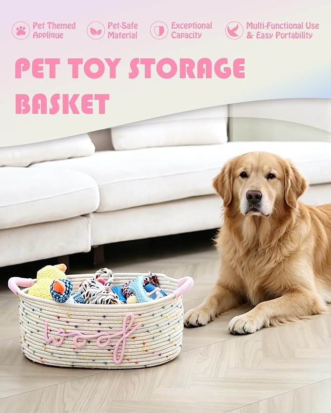Sea Team Dog Toy Storage Basket with Handles, Rainbow Woof | Large Cotton Rope Storage Bin, Shelf Basket, Organizer for Pet Chew Toys, Foods, 16.5 x 11 x 7 Inches, 4.4 Gallons