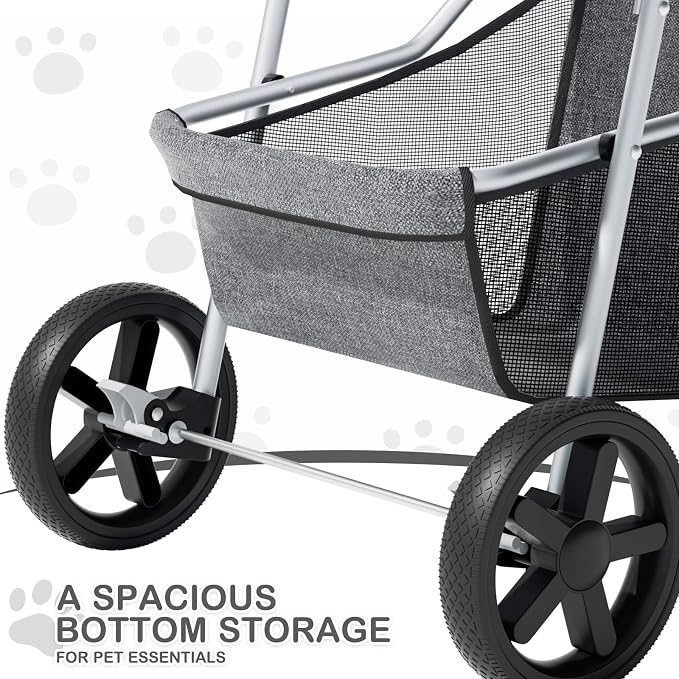 MoNiBloom Pet Stroller for Small/Medium Dogs and Cats up to 33 lbs, Gray | Foldable Dog Stroller 3 Wheels Pet Strolling Cart w/ Storage Basket Cup Holder, Breathable and Visible Mesh for All-Season