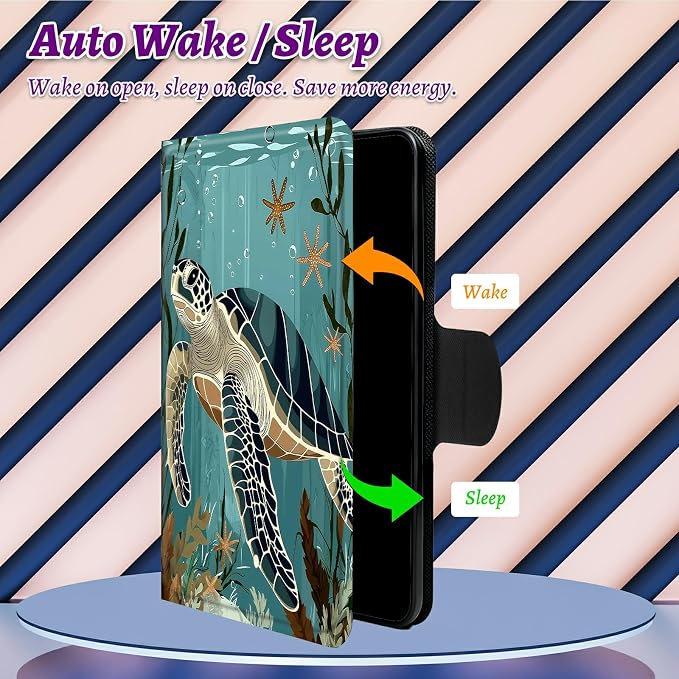 Rotating Handle Case for Samsung Galaxy Tab A8 10.5" 2022 (SM-X200/X205/X207), 360 Degree Swivel Kickstand with Magnetic Closure Shockproof Leather Cover for Women Men, Retro Turtle Ocean