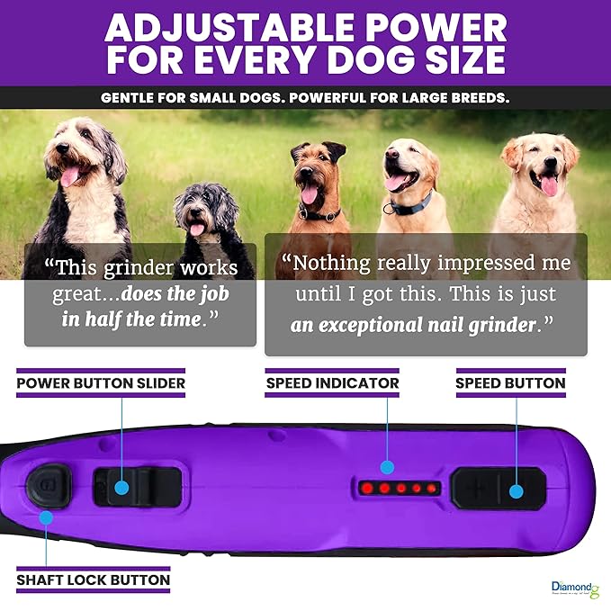 Diamondg Cordless Dog Nail Grinder with Quiet Sound & LED Tip for Large & Small Dogs, 4hrs. Runtime - Electric Dog Nail Trimmer, Heavy Duty Rotary Tool Alternative to Toenail Clippers & Filers