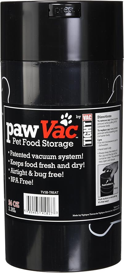 Tightpac Pawvac 5 to 24 Ounces Container, Airtight Pet Food and Treats Storage Jar - Patented Vacuum Seal Container for Pet Food, Treats and other Dry Goods - Black with Treats