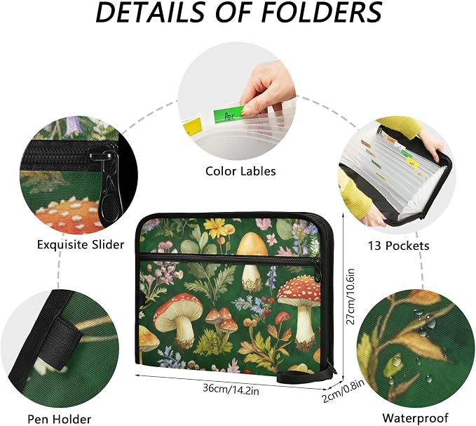 Forest Mushrooms and Flowers Watercolor Pattern Expanding File Folder with Sticky Labels, 13 Pockets Accordion File Folder Document Organizer Expandable Zip File Folder with Zipper Closure