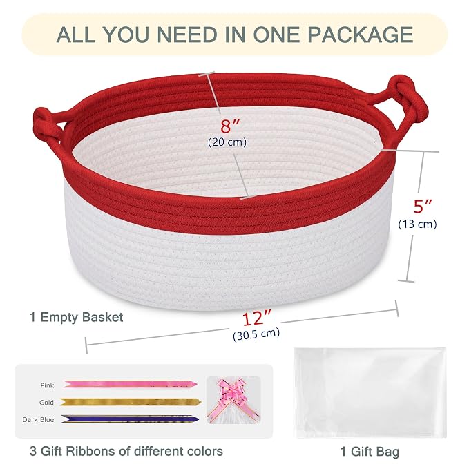 COMSE Small Gift Basket Empty with Bag & Ribbons, Red & White | Cotton Rope, 12"x 8"x 5", Pet Toy Storage Organizer, Woven Basket for Birthdays, Baby Showers, Mother’s Day, Valentine’s Day