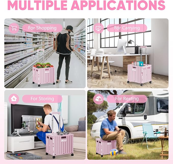 Folding Utility Cart with Lid, Portable Rolling Crate Handcart Collapsible Shopping Trolley, Durable Plastic Foldable Tool Basket with 4 Rotate Wheels for Grocery, Office, Luggage, School - Pink