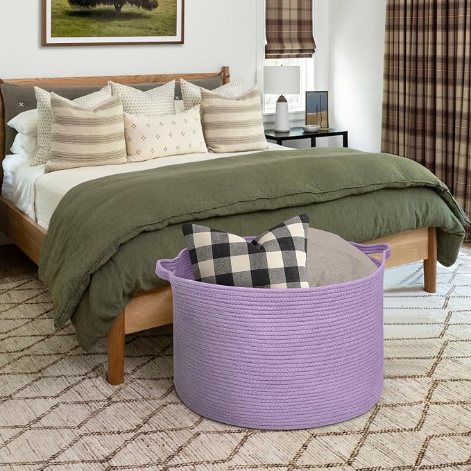 115L Extra Large Purple Storage Basket, 23.6" X 15.7" Jumbo Woven Cotton Rope Bin for Throw Blankets Pillows, Baby Laundry Basket, Dirty Clothes Organizer, Big Storage Box for Toys, Towels