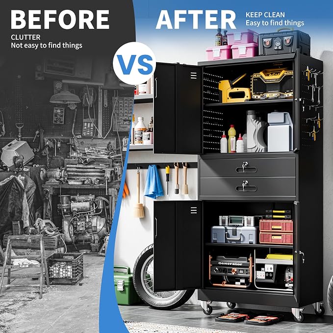 Metal Storage Cabinet for Garage, Tool Cabinet, Utility Cabinet | with Wheels, Tall Tool Cabinet, Lockable, 4 Doors,2 Drawers, Adjustable Shelves, Pegboard, Assembly Required, Black