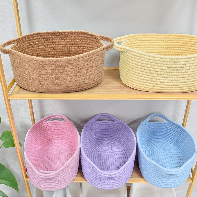 ABenkle Small Basket with Handles, Boho Decorative Rope Woven Dog Cat Toy Storage Bin Shelf Storage Organizer, Easter Christmas Gift Basket, 12"x8"x5"