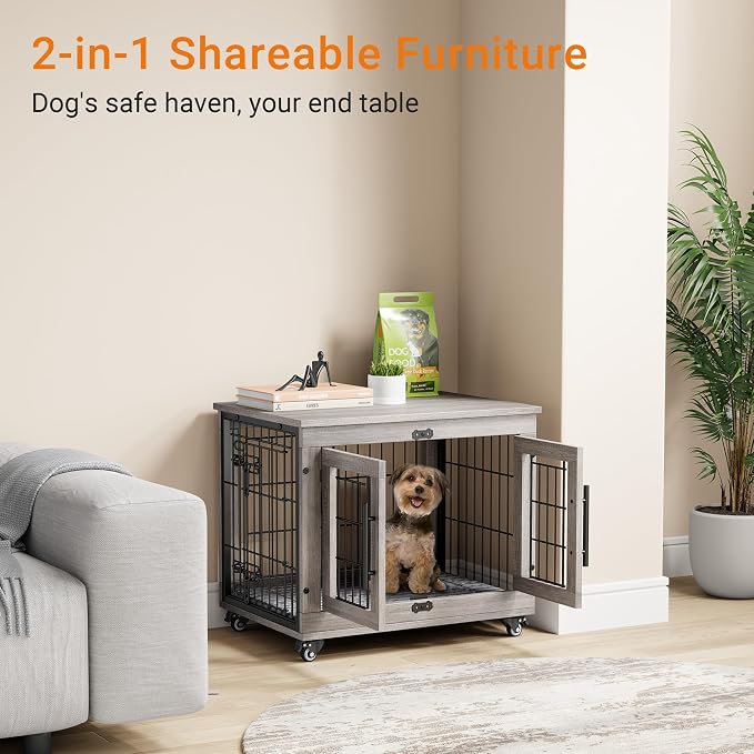 2 Pack Dog Crate Furniture, 27.1'' Heavy Duty Kennel with Cushion & Wheels | Grey, Double Doors, Wooden Dog Cage, Chew-Resistant, End Table, Decorative, 27"/32"/38"/44" Options, Indoor
