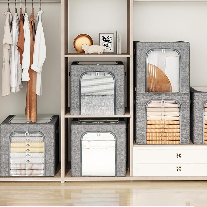 GoMaihe Clothes Storage Bins with Metal Frame for Closet, 40L 4-Pack Grey | Sweaters Hoodies Jeans T-Shirt, Closet Top Shelf Organizer, Steel Frame Collapse-Proof, Stackable, Clear Window, Dual Access