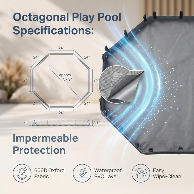 PJYuCien 2-in-1 Octagonal Dog Playpen Bottom Pad for 24" Side Pen, Gray | Dual-function Pad, For Puppy Small Animals, Protects Floors, Easy Clean, 600D Oxford, Snap Hooks