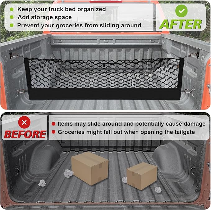 Muslogy Cargo Net for 2015-2022 Chevy Colorado & GMC Canyon Accessories | Custom Fit, Truck Bed Storage Organizer Net for Pickup Truck Bed Divider, Heavy Duty Carabiners, Night Visible Grab Handle