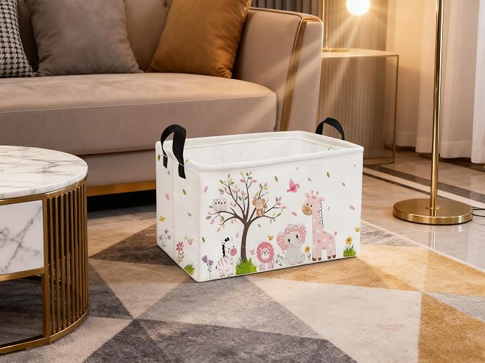 Essme Rectangular Animal Baskets,Pink Storage Basket with Handles for Room Decor,Cute Storage Bin（Pink animal）