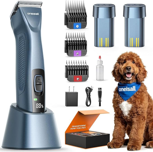 oneisall Professional Dog Clippers for Grooming with Dual Battery, Unlimited Runtime, Professional Dog Grooming Clippers 2 Speed for Thick Long Curly Matted Hair,A5 Blade, Metal Guide Combs