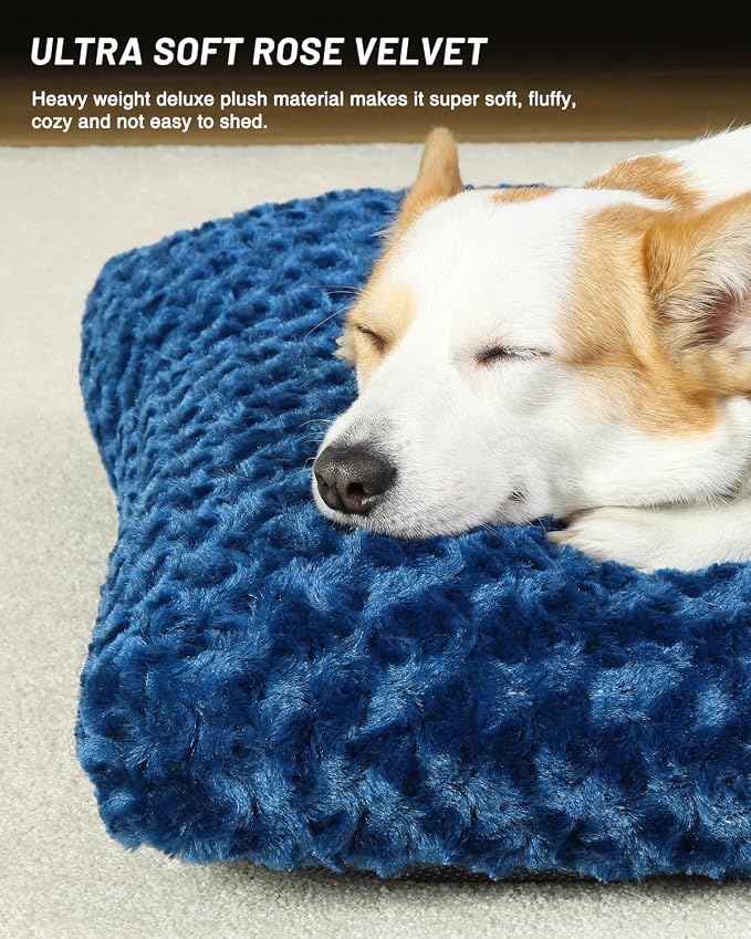 KSIIA Washable Dog Bed Small Dog Crate Bed Deluxe Plush Mat 23"x18" Blue | Deluxe Plush Comfy Kennel Pad, Anti-Slip Bottom,Deep Sleeping Mat for Small Dogs,Machine Washable for Easy Cleaning
