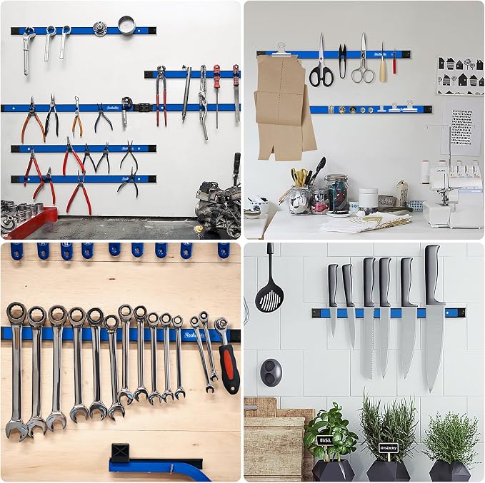 6 Pieces 12" Magnetic Tool Holder Strip, Blue Magnet Bar, Metal Tool Organizer Rack for Garage Organization, Easy To Install in Workshop, Mounting Screws Included