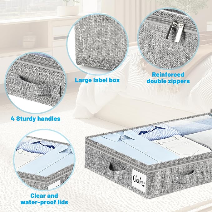 3 Inch Low Profile Under Bed Storage Drawer 4 Pack, Lightweight Underbed Clothes Storage Container Bins With NO STURCTURE, Shallow Storage Bag for Dorm & Home, With Clear Lids & Water-Resistant Fabric