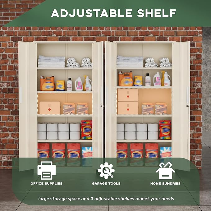 Greenvelly Metal Storage Cabinet, 72" Locking Metal Garage Storage Cabinet with Doors and 4 Adjustable Shelves, Lockable Steel Cabinet for Home Office, Garage, Shop, School (Grey 32" W x 16" D)
