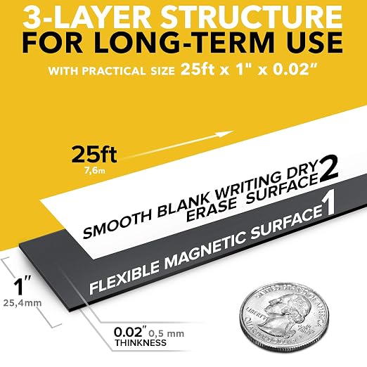 Dry Erase Magnetic Strips, Write-On, 1in x 25ft (2.5cm x 7.6m) | Blank & Writable Flexible Magnet Roll, Sticky Labels & Stickers for Whiteboards, Refrigerator and Crafts
