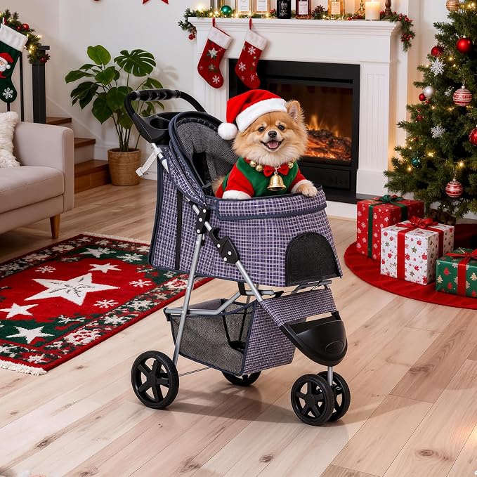 MoNiBloom Pet Stroller for Small/Medium Dogs and Cats up to 33 lbs, Plaid | Foldable Dog Stroller 3 Wheels Pet Strolling Cart w/ Storage Basket Cup Holder, Breathable and Visible Mesh for All-Season