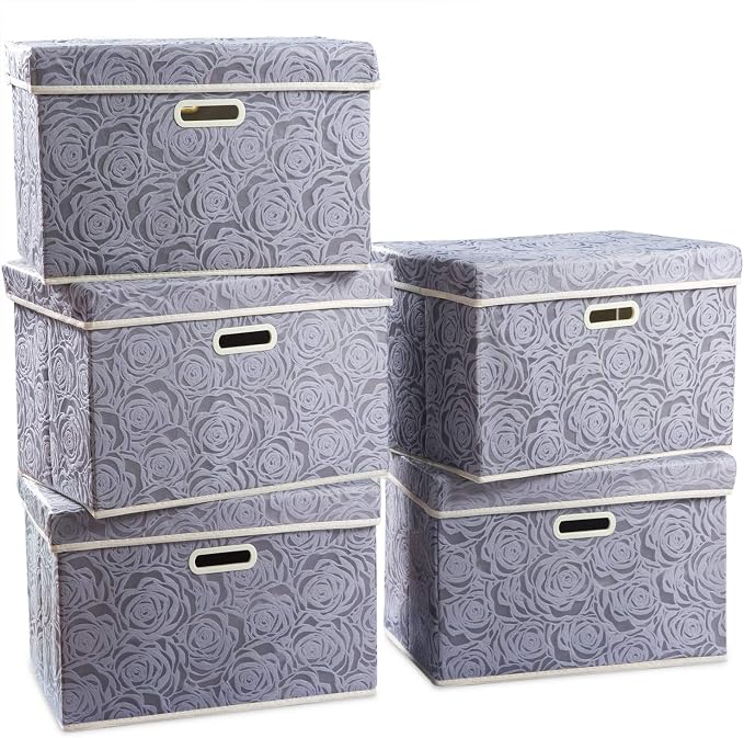 Large Storage Boxes with Lids [5-Pack] Fabric Decorative Storage Bins Cubes Organizer Containers Baskets with Handles for Closet Grey 17.5x11.8x11.8 In For 6+ Year Old Boys and Girls