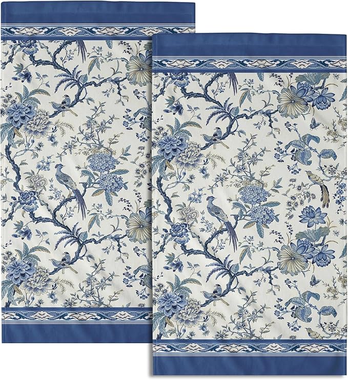 Giwawa Chinoiserie Hand Towels- Blue White Birds Floral Decorative Towel Set of 2- Classic Oriental Style Flowers Face Towel Soft Absorbent Dish Wash Cloth for Hotel Bathroom Gym Guest