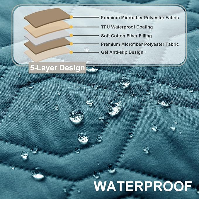 Waterproof Armrest Chair Covers with 6 Side Pocket 1 2 3 Seater Anti-Slip Chair Headrest Cover Armchair Slipcover Washable Protector for Pets Leather Sofa Couch (Aqua Blue,1 Seater 3PCS)