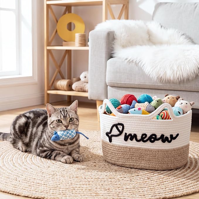 Cat Toy Basket with Cat Ear Handles, 15 x 11 x 9 in Woven Cats Toy Bin, Large Two-tone Cotton Rope Storage Box, Meow Words Organizer for Toys, Blankets, Home Decor (White, Linen)