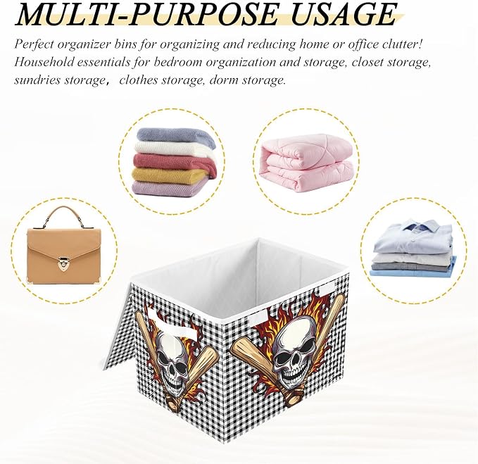 Fabric Storage Bins with Lid Fire Skull Foldable Storage Boxes 40L Baskets | Decorative Storage Boxes, Dust-Proof Flip Top, Reinforced Handles, For Home & Bedroom, Clothes & Toy Box, Skull Fabric Print