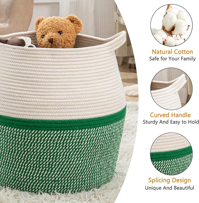 KAKAMAY Woven Baskets for Storage(17"x17"),Large Cotton Rope Woven Baby Laundry Hamper,Collapsible Laundry Basket, Blanket Basket for Organizing Living Room,Nursery,Pillows,Toy Chest(Green)
