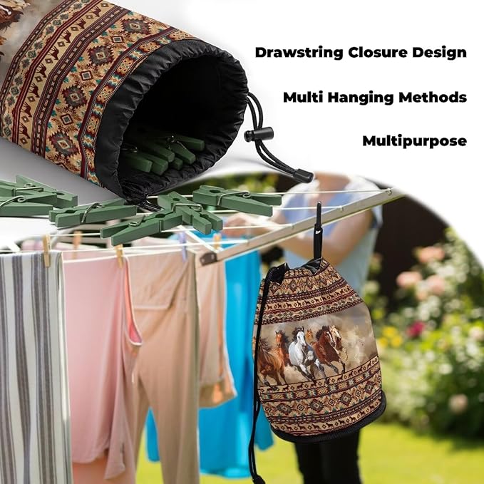 Clothespin Bag Organizer, Boho Pattern Horses Drawstring Laundry Peg Storage Pouch with Hanging Loop, Portable Multifunctional Clips Holder for Drying Rack, Camping & Home