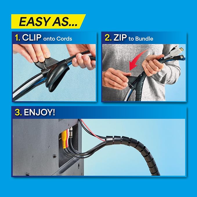 Cable Keeper Cord Organizer, 10-Foot Adjustable Cord Cover, Reusable and Protective Desk Cord Organizer, Versatile TV & Computer Wire Organizer, Clip and Zip Design