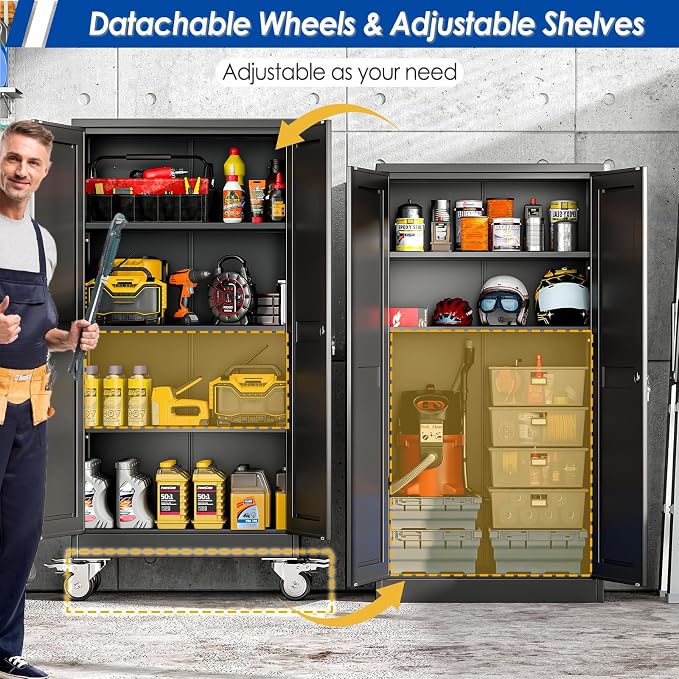 GAIOUS Metal Garage Storage Cabinet with Lock, 61” Tall Lockable File Cabinet with Wheels, Steel Tool Cabinet with 2 Door and 3 Adjustable Shelves, Rolling Cabinet for Home Office Garage Gym - Black