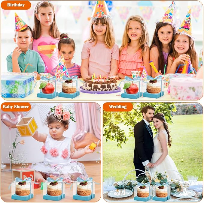 12 PCS Clear Cupcake Boxes 3.5 Inch Cupcake Containers (Blue) | Disposable Cupcake Carrier Plastic Individual Cupcake Storage Holder with Ribbons and Inserts for Wedding, Birthday Party