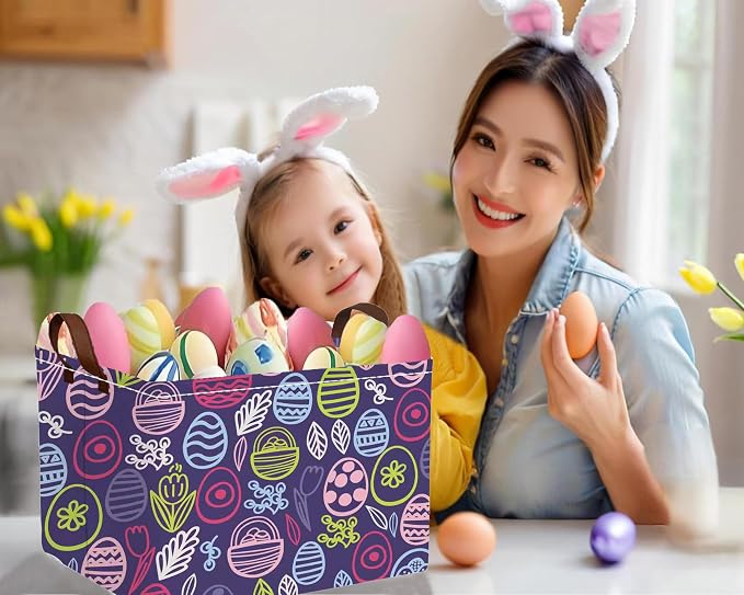 Large Rectangular Easter Baskets Empty Waterproof Boy Toy Box Foldable Kid's Gifts Storage Bin Spring Room Decor(Purple Striped Egg)