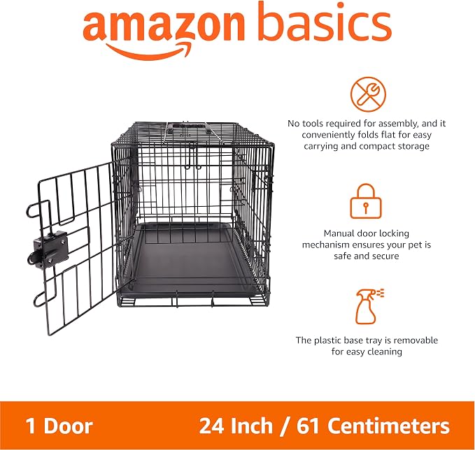 Amazon Basics Portable, Foldable Metal Wire Small Dog Crate with Removable Tray, Divider Panel, Single Door, Easy to Assemble, 24" x 18" x 20", Black