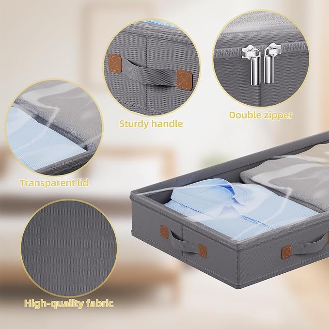 FHSQX Under Bed Storage Container 2Pack 3 Inches Low Profile Under-bed Organizer Bins Slim Under Couch Storage Box Ideal For Seasonal Clothes Blankets Towel Fabric (2, Drak Grey, 31.5 * 17 * 3in)