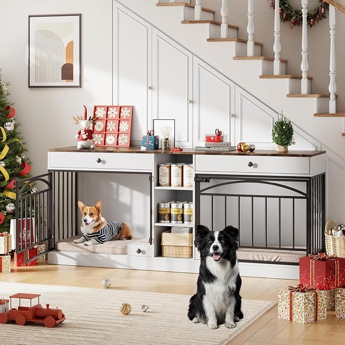 Dog Crate Furniture for 2 Dogs, Double Dog Crate TV Stand, White | 78.7'' Large Dog Kennel Indoor, 2 Storage Drawers, 3 Shelves and Feeding Bowls, Pet Kennel for Small and Medium Dogs