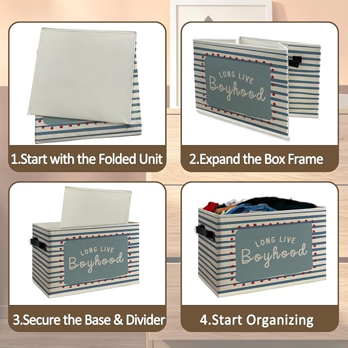 Boy Nursery Cube Storage Bins with Handles, Long Live Boyhood Blue Striped Collapsible Fabric Storage Basket Boxes Books Clothes Organizer for Kids Boys Room Bedroom Playroom Bathroom