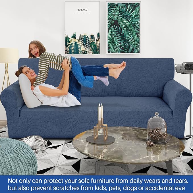 YEMYHOM Couch Cover Latest Jacquard Design High Stretch Sofa Covers for 3 Cushion Couch, Pet Dog Cat Proof Slipcover Non Slip Magic Elastic Furniture Protector (Large, Begonia Leaf Navy)