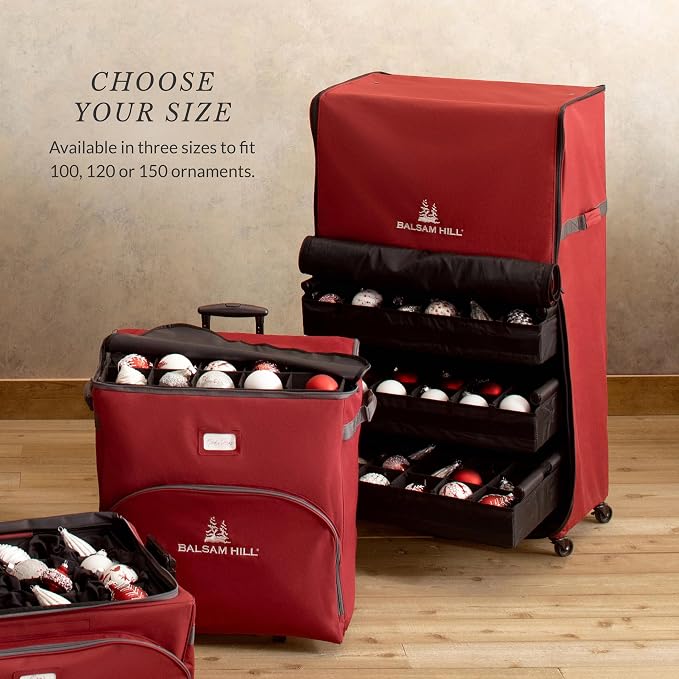 Balsam Hill Deluxe Rolling Ornament Chest - 100pc Christmas Decoration Storage with Dividers & Trays
