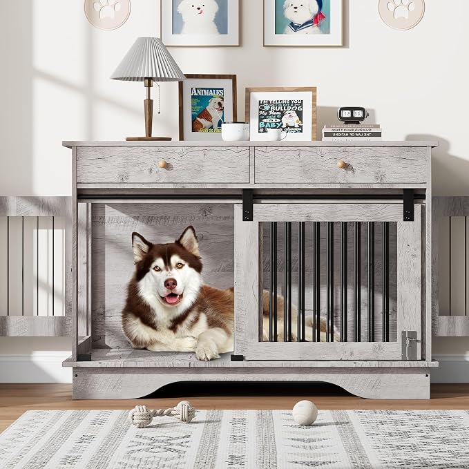 GarveeHome 47" Dog Crate Furniture for 2 Dogs, Double Dog Kennel with Removable Divider & 2 Drawers, Decorative TV Stand Side Table, Indoor Pet Cage for Large/Medium/Small Dogs, White