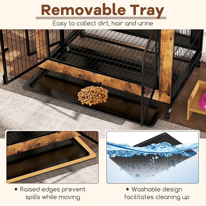 PETSITE Portable Dog Crate Furniture, 38 Inch Wooden Dog Kennel Side Table with Flip-up Top, 3 Lockable Doors and Removable Tray, Ideal for Small to Medium Dogs (Rustic Brown)