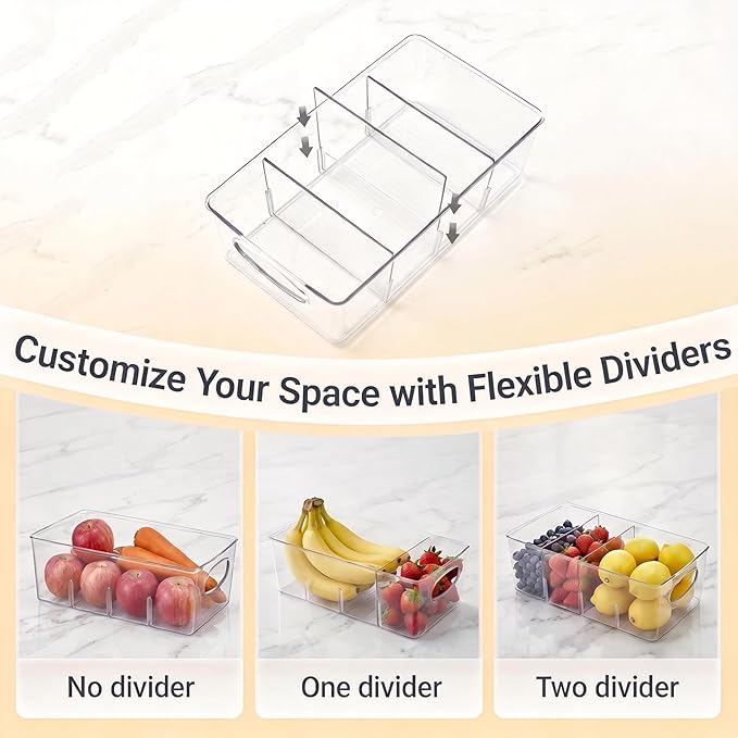 Clear Plastic Storage Bins with Removable Dividers – Pantry Snack Organizer, Kitchen Pantry Organizers and Storage, Snack Drawer Organizer, Fridge Organizer (2 Pack)