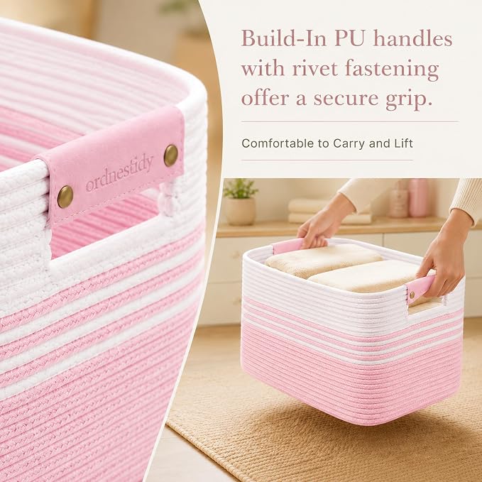 15.4GAL Rope Laundry Basket for Dorm, Cute Boho Square Woven Basket for Living Room Throws Pillow Blanket Storage, Short Dirty Clothes Hamper for Baby Girls Boys Toys Stuffed Animal Towel White Pink