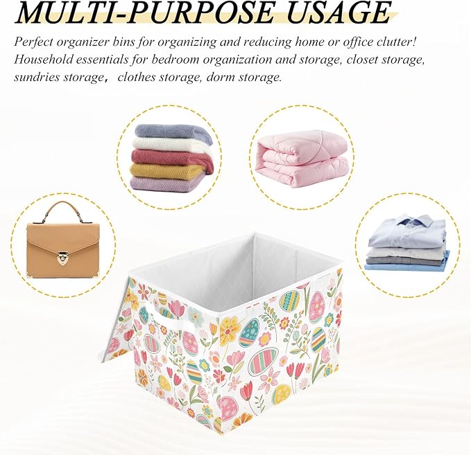 Easter Flower Eggs Storage Bins with Lids and Carrying Handle,Foldable Storage Boxes Organizer Containers Baskets Cube with Cover for Home Bedroom Closet Office