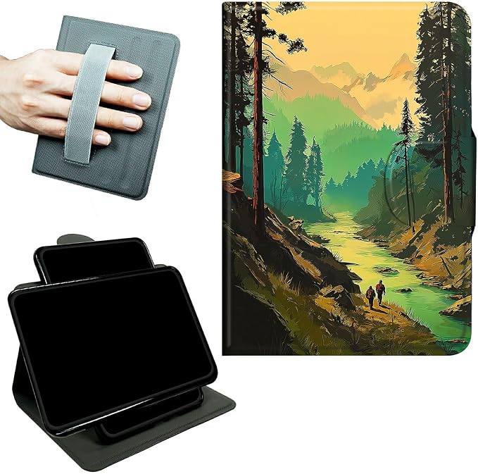 Rotating Handle Case for Samsung Galaxy Tab A7 Lite 2021 8.7", 360 Degree Swivel Kickstand with Magnetic Closure Shockproof Leather Protective Cover for Women Men, Green Forest Creek