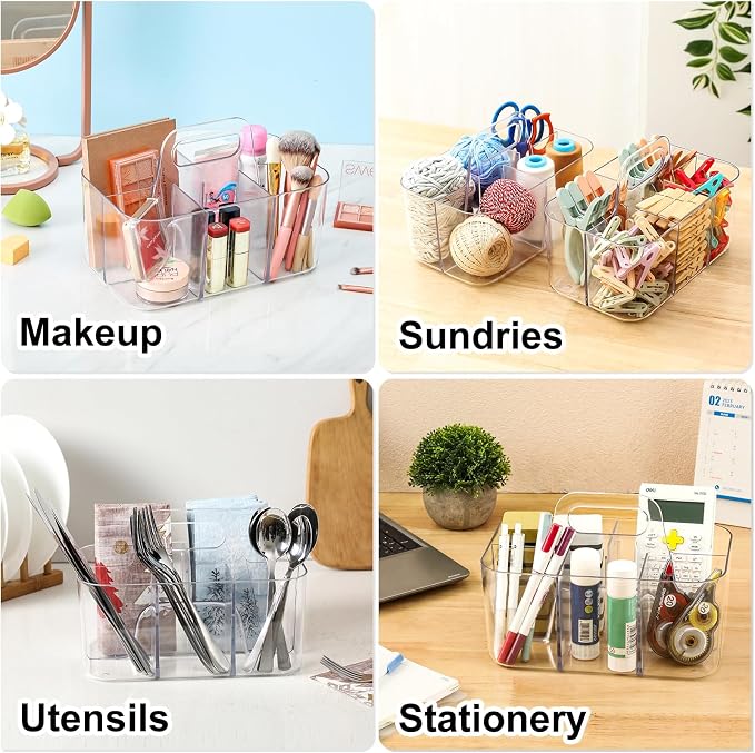 Multiuse Caddy Organizer with Handle, Portable Divided Plastic Tote Bin - Art Craft, Stationary Pen Marker Crayons, Makeup Hair Supplies Storage - Bathroom, Classroom, Dorm, Office, Desk Holder -Clear