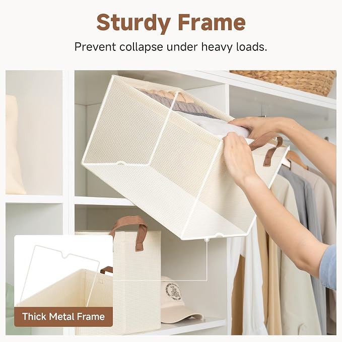 StorageWorks Closet Storage Bins, Storage Baskets for Shelf, Beige, 2-Pack | Large, With Reinforced PU Handles, Metal Frame, Collapsible, Basket for Shelves, Closet, Holds Clothes, Towels, Blankets