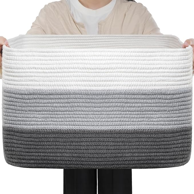 Optish 75L Large Woven Blanket Basket, Storage Basket with Handles | Sturdy Cotton Rope Basket Organizer Blanket, a lot of Toys, Comforter, Pillows, Bedroom, Living Room, Bathroom, Easy to Carry