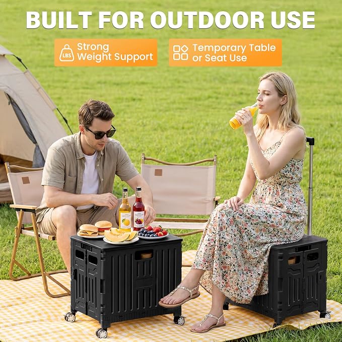 SUNALLY Folding Utility Cart Rolling Crate Handcart Shopping Trolley, Black | Lockable Collapsible Tool Box with Lid, Rolling Crate With Wheels for Grocery, Travel, Garden, Shop, Office, Luggage, Teacher